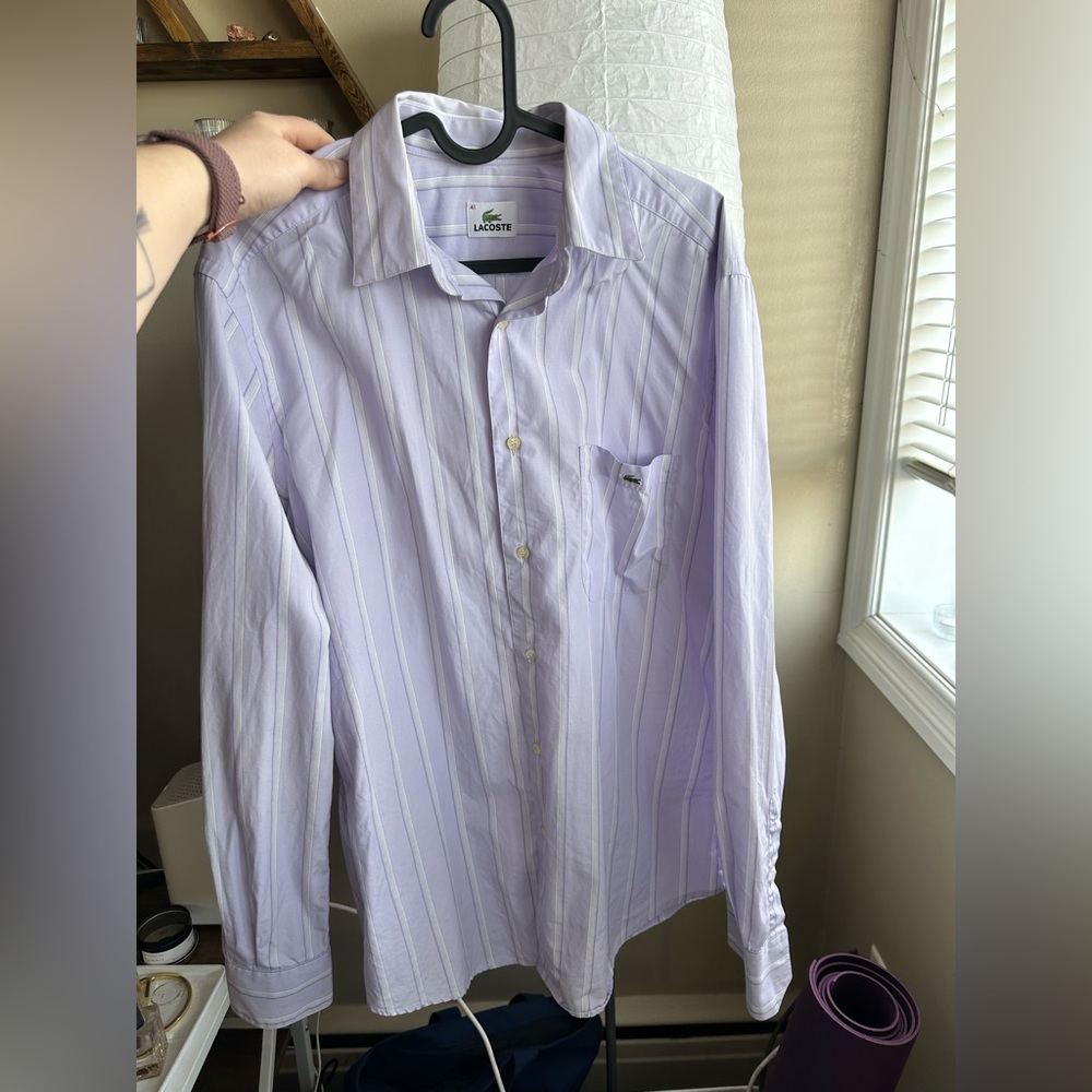 Lacoste Men's Button Down 100% Cotton Purple Striped Dress Shirt Size 41